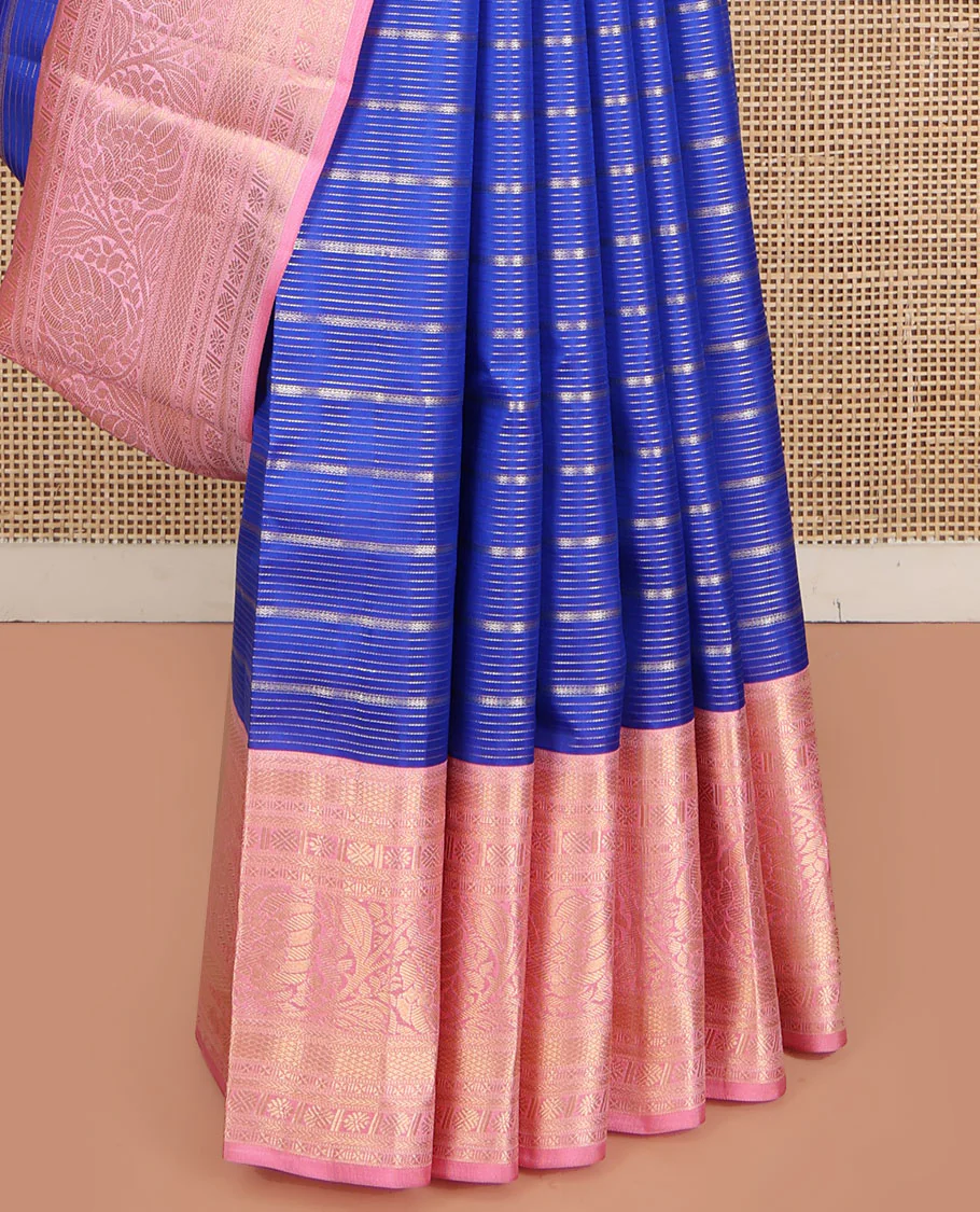 Blue Vasundhara Silk Saree, Beautifully Embellished with Zari Stripes All Over Its Body, Complemented by Contrast Border of Mayil Kann, Rudraksham, and Kodi Visiry Designs, Intricately Designed Pallu, and Paired with a Contrast Blouse - Image 4