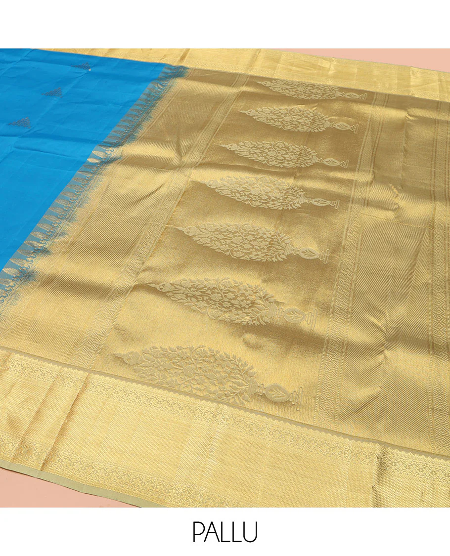 Blue Vasundhara Silk Saree, Decked Up with Zari Buttas All Over Its Body, Complemented by Contrast Border of Traditional Designs, Pallu of Floral Designs, and Paired with a Contrast Blouse - Image 5