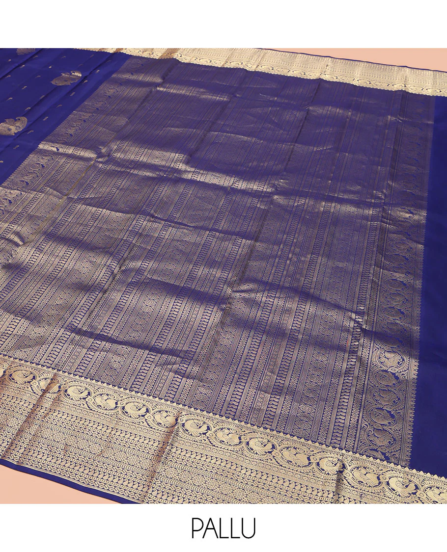 Blue Vasundhara Silk Saree, Decorated with Zari Buttas All Over Its Body, Highlighted by Zari Border of Rekku, Muthu, Mayil, Manga, Muthu, Kathir, Laddu Kamalam, and Cross Neli Designs, Pallu Mirrors the Same Designs, and Paired with a Matching Blouse - Image 5