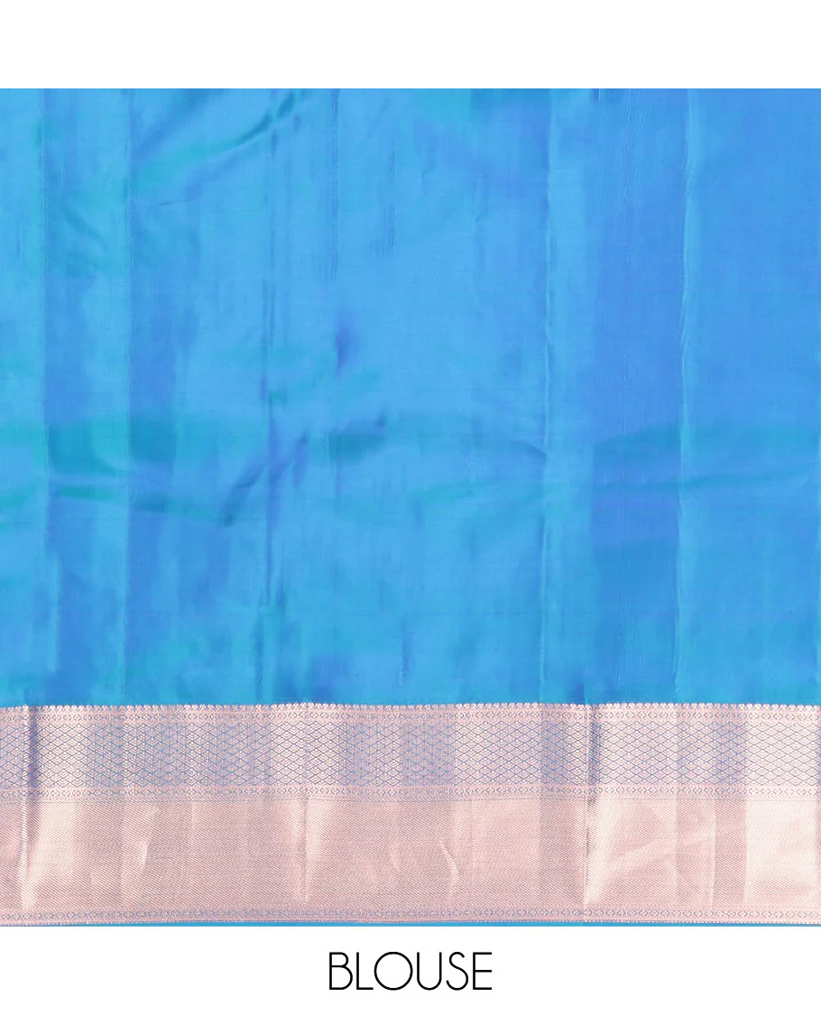 Blue Vasundhara Silk Saree, Delicately Woven with Jaal Jacquard Design All Over Its Body, Highlighted by a Zari Border of Thilakam Mokku, Jaal, and Lavangam Designs, Grand Jaal Pallu, and Paired with a Matching Blouse - Image 6