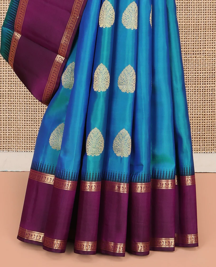 Blue Vasundhara Silk Saree, Delicately Woven with Zari Buttas All Over Its Body, Complemented by a Contrast Rettai Pettu Temple Border of Banaras, and Manga Designs, Grand Jaal Pallu, and Paired with a Contrast Blouse - Image 4