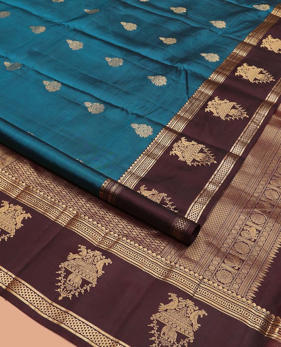 Blue Vasundhara Silk Saree, Elegantly Framed with Zari Buttas All Over Its Body, Complemented by a Contrast Border of Thilakam Mokku, Neli, Kathir, and Ara Maadam Designs, Grand Pallu, and Paired with a Contrast Blouse - Image 2
