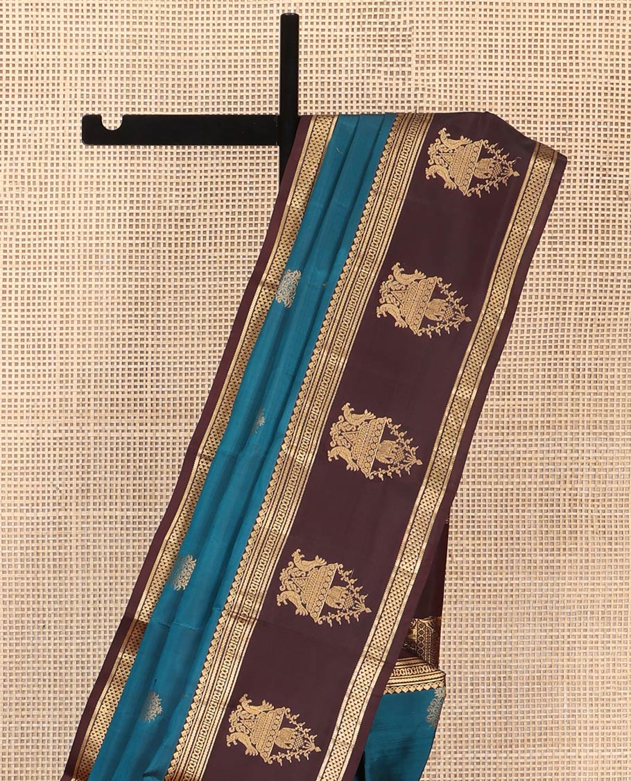 Blue Vasundhara Silk Saree, Elegantly Framed with Zari Buttas All Over Its Body, Complemented by a Contrast Border of Thilakam Mokku, Neli, Kathir, and Ara Maadam Designs, Grand Pallu, and Paired with a Contrast Blouse - Image 3