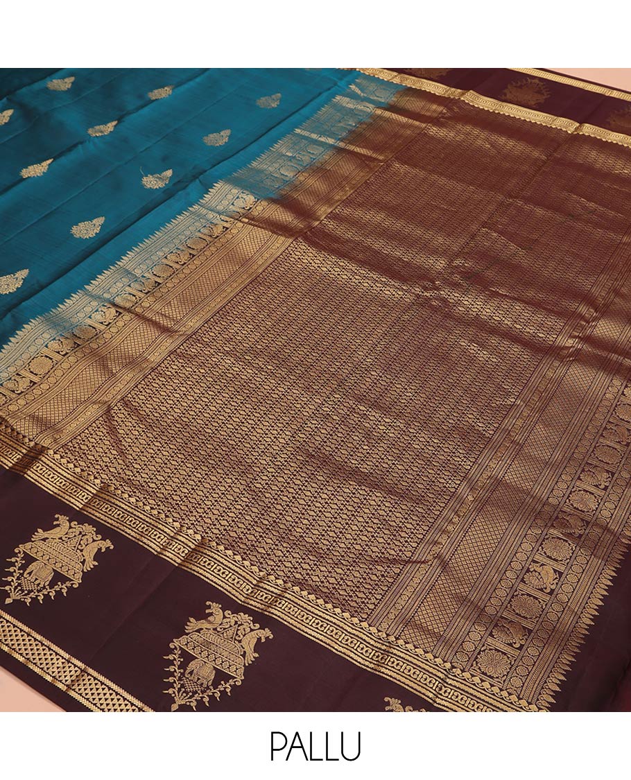 Blue Vasundhara Silk Saree, Elegantly Framed with Zari Buttas All Over Its Body, Complemented by a Contrast Border of Thilakam Mokku, Neli, Kathir, and Ara Maadam Designs, Grand Pallu, and Paired with a Contrast Blouse - Image 5
