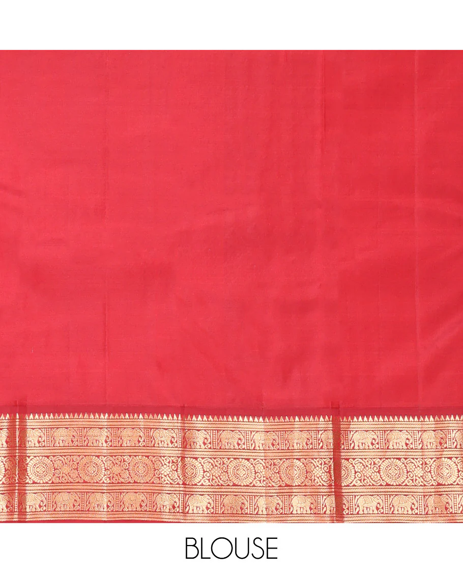 Blue Vasundhara Silk Saree, Embellished with Mayil and Yaanai Buttas Across Its Body, Complemented by a Contrast Korvai Border of Rekku, Banaras, Yaanai, and Chakram Designs, Gleaming Jaal Pallu, and Paired with a Contrast Blouse - Image 11