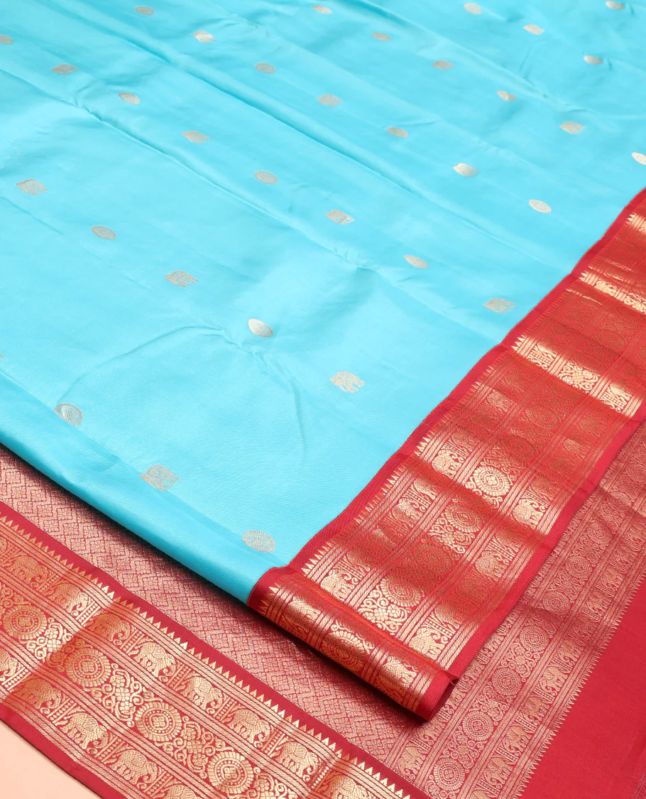 Blue Vasundhara Silk Saree, Embellished with Mayil and Yaanai Buttas Across Its Body, Complemented by a Contrast Korvai Border of Rekku, Banaras, Yaanai, and Chakram Designs, Gleaming Jaal Pallu, and Paired with a Contrast Blouse - Image 7