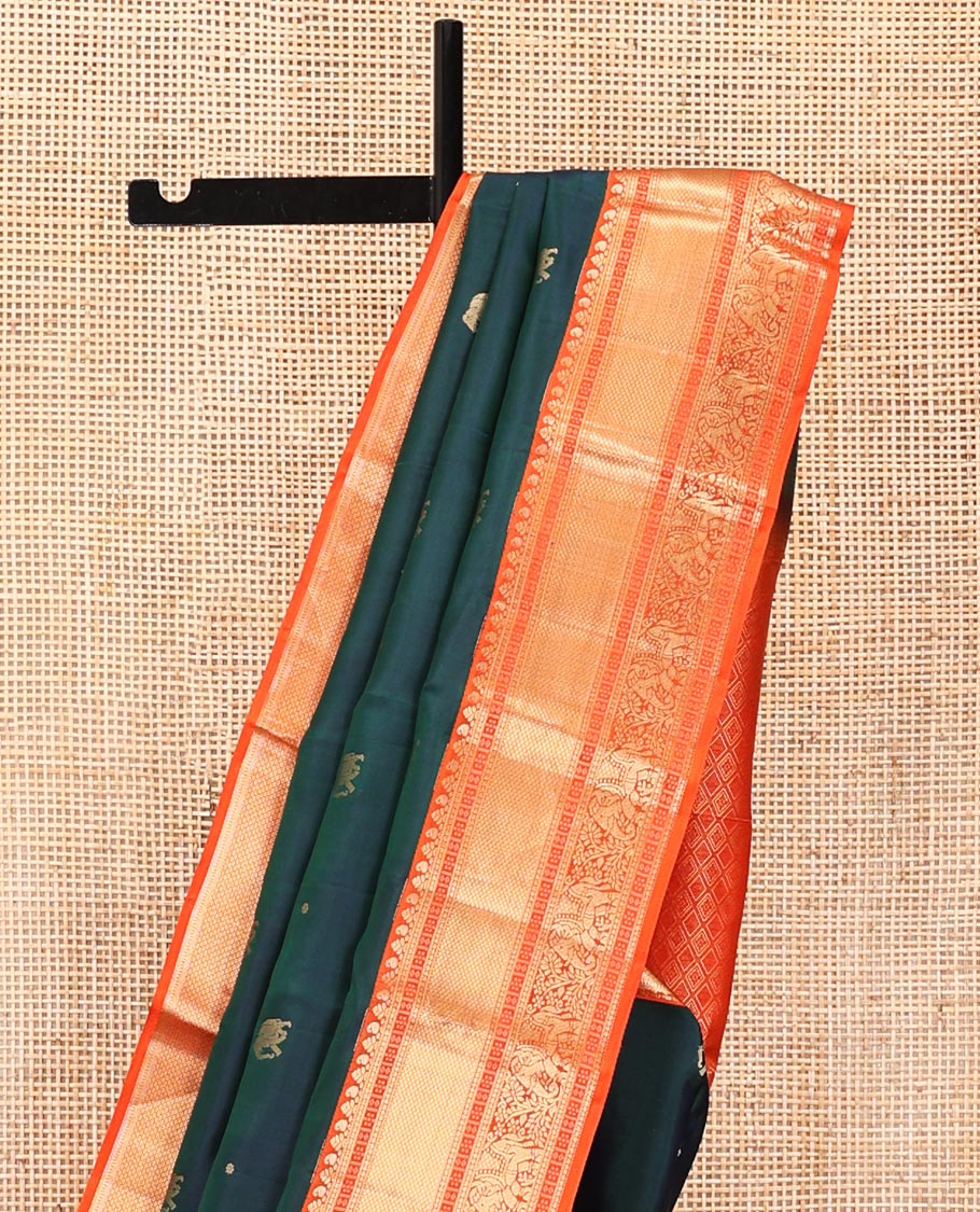 Blue Vasundhara Silk Saree, Embellished with Zari Buttas All Over Its Body, Complemented by a Contrast Border of Kuyil Kann, and Yaanai Designs, Grand Jaal Pallu, and Paired with a Contrast Blouse - Image 3