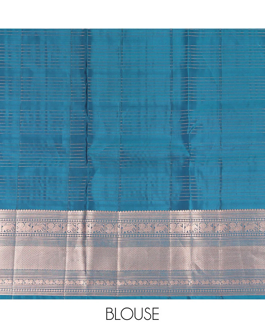 Blue Vasundhara Silk Saree, Enriched with Zari Butta Enclosed Checked Design All Over Its Body, Highlighted by Zari Border of Thilakam Mokku, Muthu, Mayil, Yaanai, and Mayil Kann Designs, Grand Jaal Pallu, and Paired with a Matching Blouse - Image 6