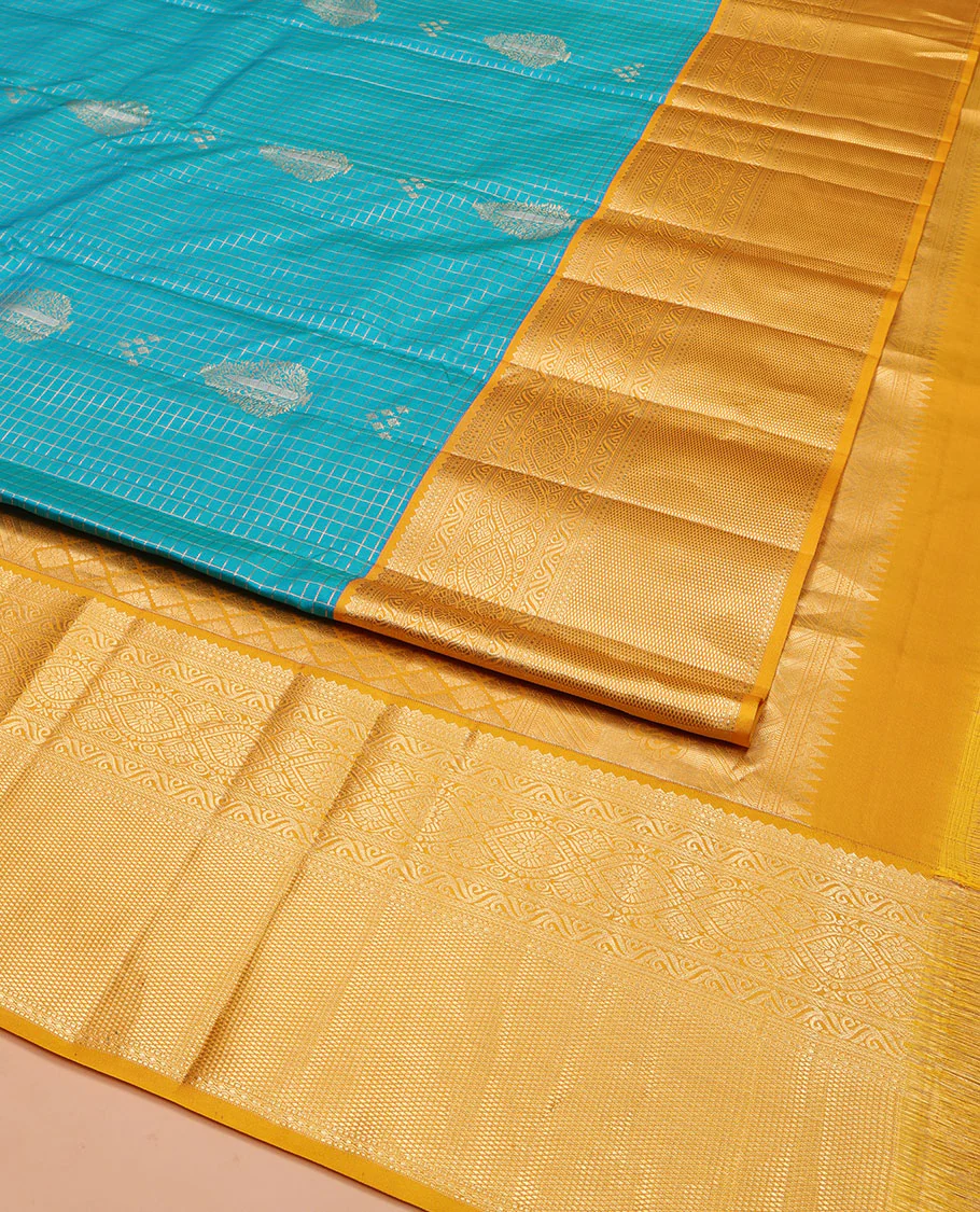 Blue Vasundhara Silk Saree, Masterfully Woven with Zari Buttas and Zari Checks All Over Its Body, Complemented by a Contrast Border of Traditional Designs, Grandly Woven Jaal Pallu, and Paired with a Contrast Blouse - Image 2