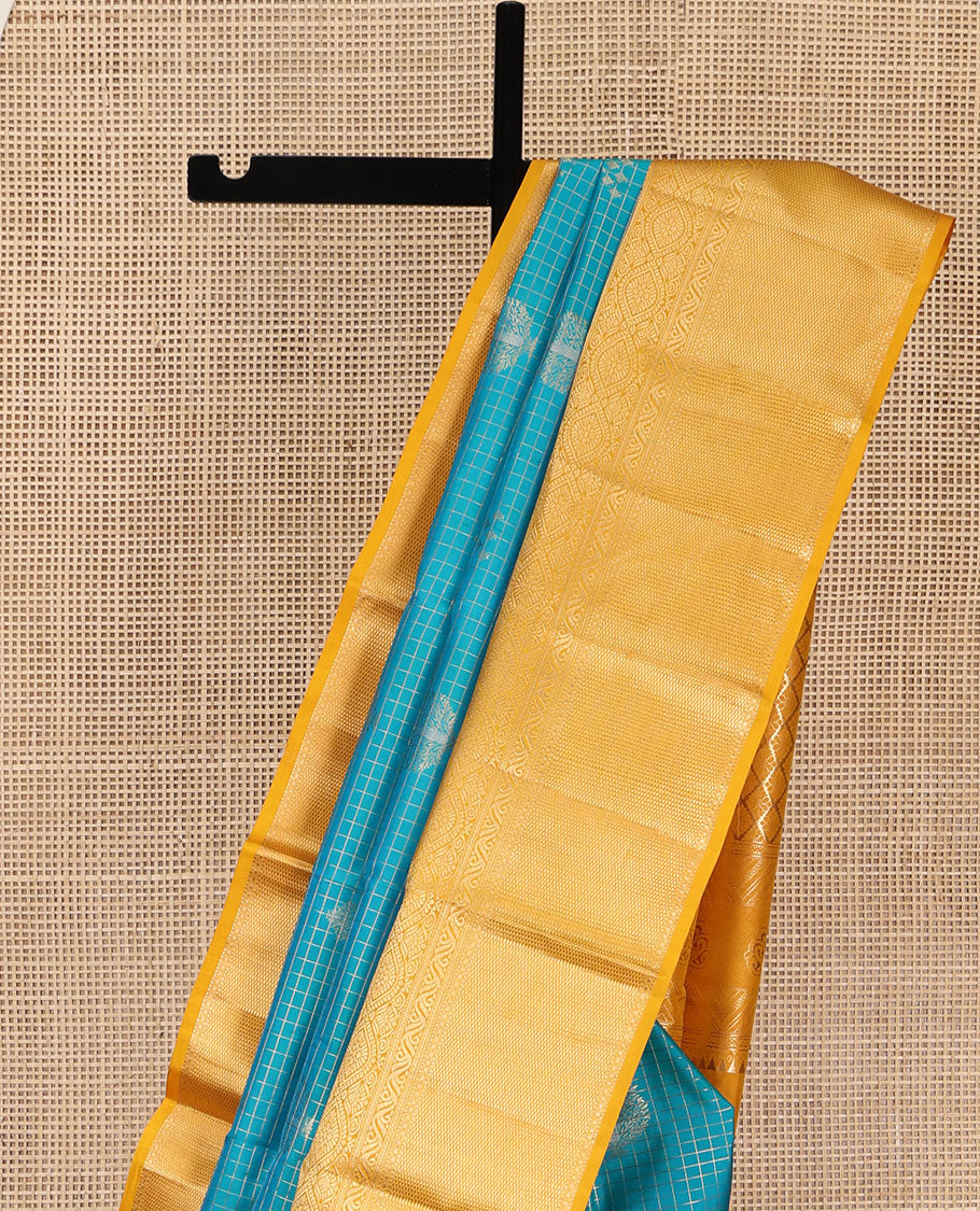 Blue Vasundhara Silk Saree, Masterfully Woven with Zari Buttas and Zari Checks All Over Its Body, Complemented by a Contrast Border of Traditional Designs, Grandly Woven Jaal Pallu, and Paired with a Contrast Blouse - Image 3