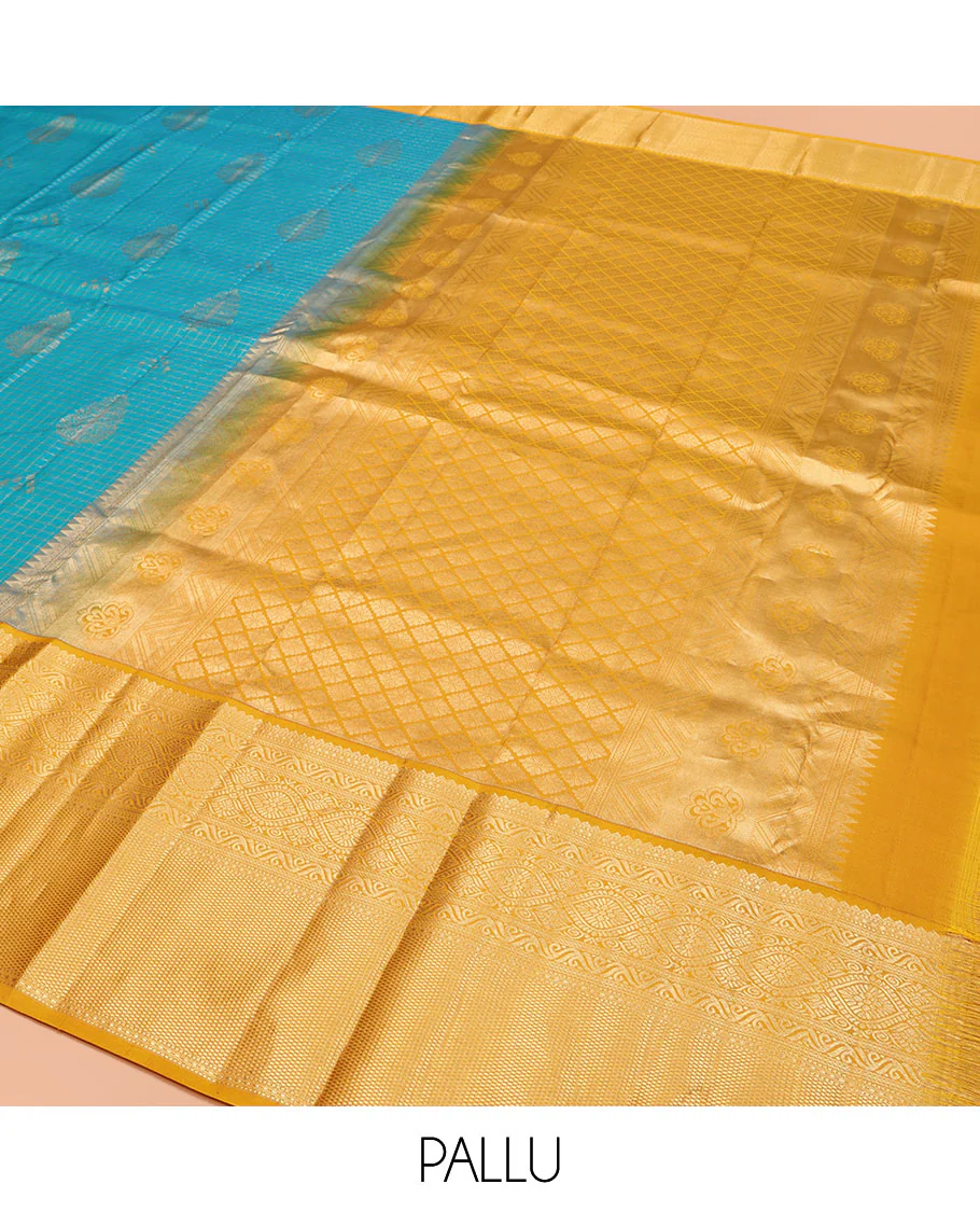 Blue Vasundhara Silk Saree, Masterfully Woven with Zari Buttas and Zari Checks All Over Its Body, Complemented by a Contrast Border of Traditional Designs, Grandly Woven Jaal Pallu, and Paired with a Contrast Blouse - Image 5