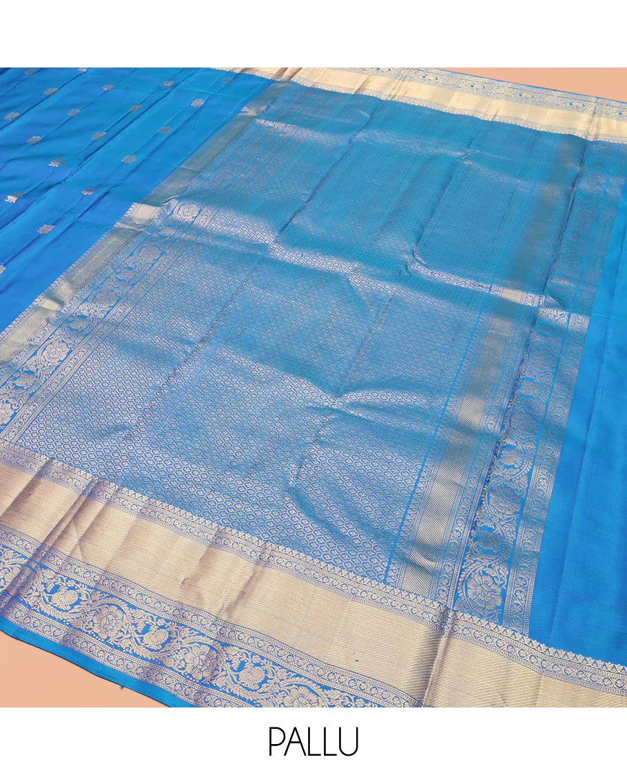 Blue Vasundhara Silk Saree, Mesmerized with Zari Buttas All Over Its Body, Highlighted by a Zari Border of Kodi Visiry, and Mayil Designs, Grand Jaal Pallu, and Paired with a Matching Blouse - Image 5