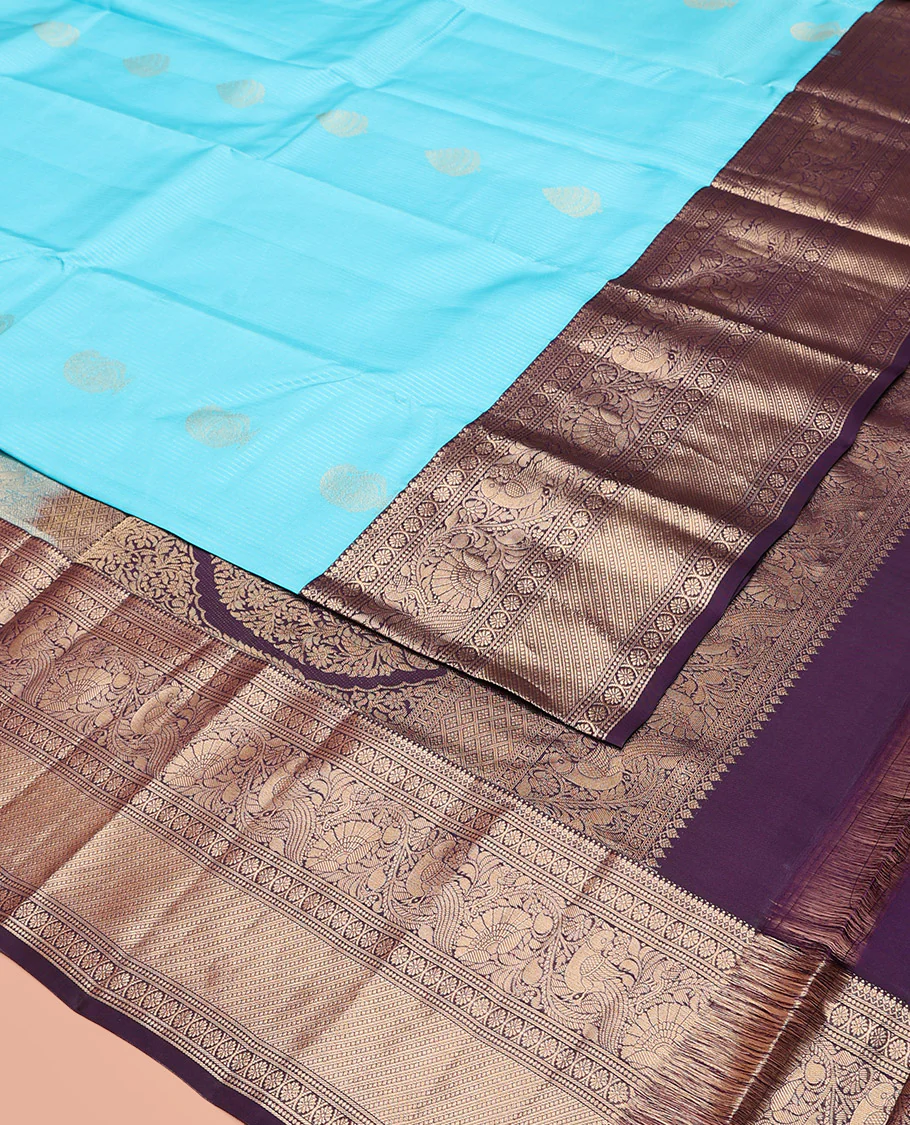 Blue Vasundhara Silk Saree, Richly Detailed with Stripes and Zari Buttas, Complemented by a Contrast Border of Thilakam Mokku, Laddu Kamalam, and Kodi Visiry and Mayil Designs, Mughal-Style Designed Pallu, and Paired with a Contrast Blouse - Image 2