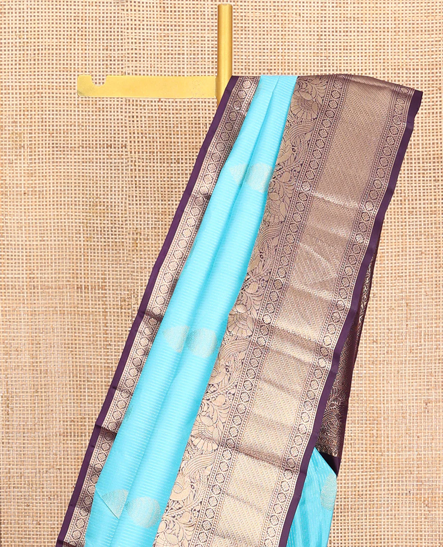 Blue Vasundhara Silk Saree, Richly Detailed with Stripes and Zari Buttas, Complemented by a Contrast Border of Thilakam Mokku, Laddu Kamalam, and Kodi Visiry and Mayil Designs, Mughal-Style Designed Pallu, and Paired with a Contrast Blouse - Image 3