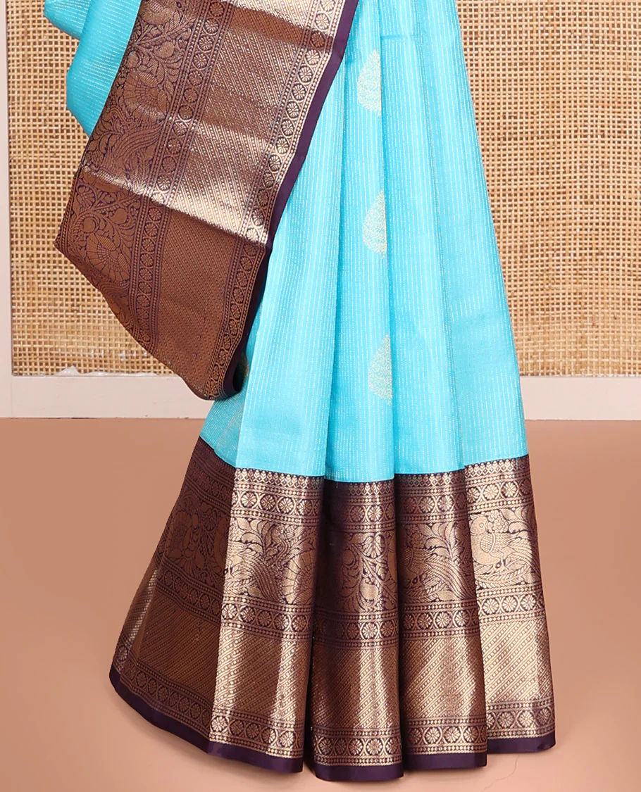 Blue Vasundhara Silk Saree, Richly Detailed with Stripes and Zari Buttas, Complemented by a Contrast Border of Thilakam Mokku, Laddu Kamalam, and Kodi Visiry and Mayil Designs, Mughal-Style Designed Pallu, and Paired with a Contrast Blouse - Image 4