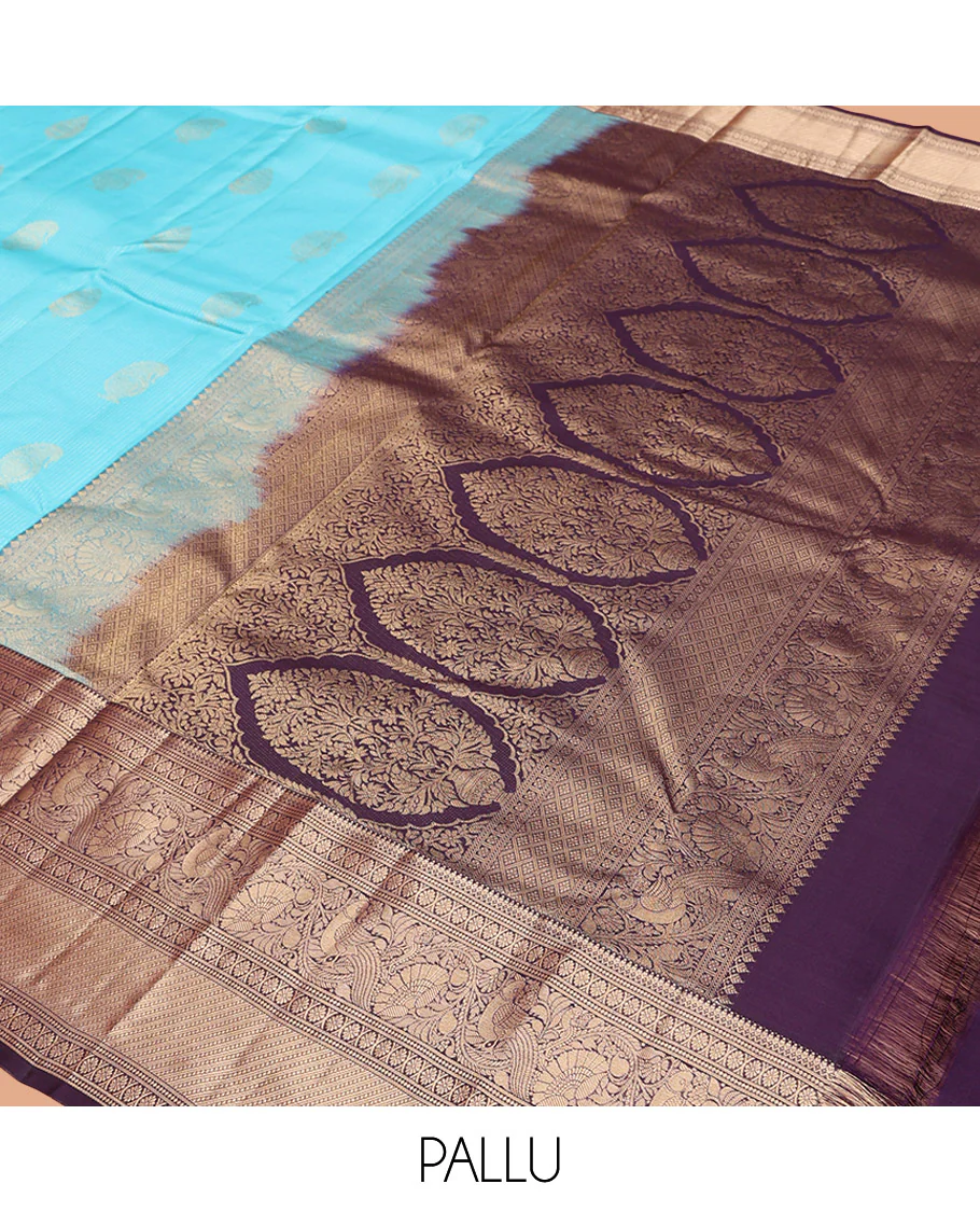 Blue Vasundhara Silk Saree, Richly Detailed with Stripes and Zari Buttas, Complemented by a Contrast Border of Thilakam Mokku, Laddu Kamalam, and Kodi Visiry and Mayil Designs, Mughal-Style Designed Pallu, and Paired with a Contrast Blouse - Image 5