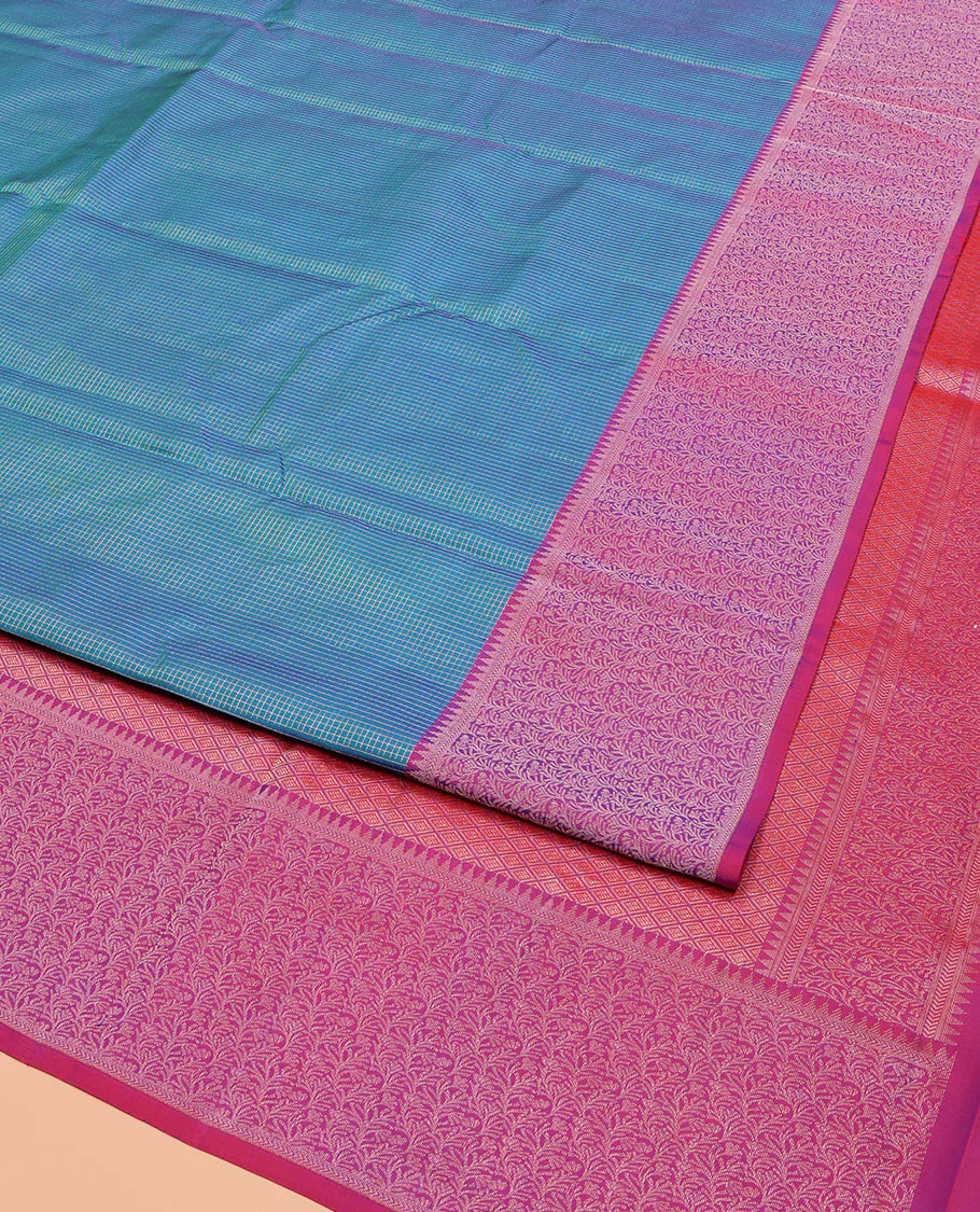Blue Vasundhara Silk Saree, Woven with Micro-Checked Designs All Over Its Body, Complemented by a Contrast Border of Rekku, Kathir, and Leaf Designs, Jaal Pallu, and Paired with a Contrast Blouse - Image 2
