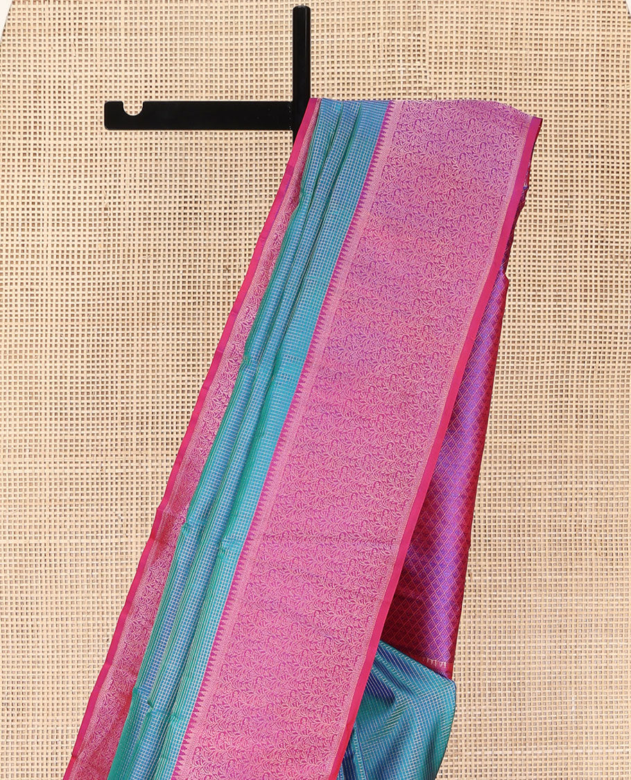 Blue Vasundhara Silk Saree, Woven with Micro-Checked Designs All Over Its Body, Complemented by a Contrast Border of Rekku, Kathir, and Leaf Designs, Jaal Pallu, and Paired with a Contrast Blouse - Image 3