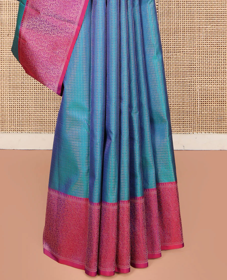 Blue Vasundhara Silk Saree, Woven with Micro-Checked Designs All Over Its Body, Complemented by a Contrast Border of Rekku, Kathir, and Leaf Designs, Jaal Pallu, and Paired with a Contrast Blouse - Image 4