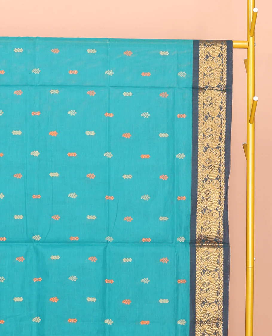 Blue Venkatagiri Cotton Saree, Adorned with Buttas, a Contrast Peacock Zari Border, Pallu of Buttas and Stripes, and No Blouse - Image 2