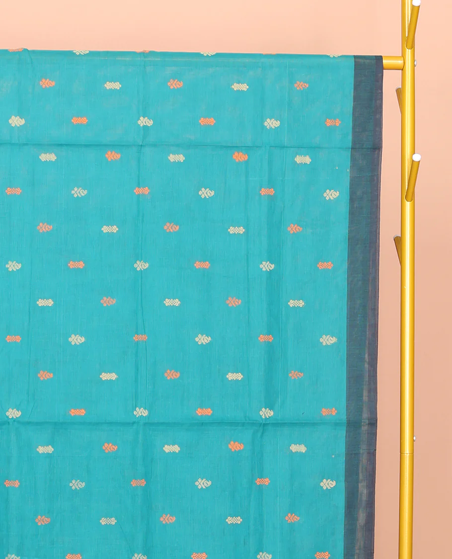 Blue Venkatagiri Cotton Saree, Adorned with Buttas, a Contrast Peacock Zari Border, Pallu of Buttas and Stripes, and No Blouse - Image 3