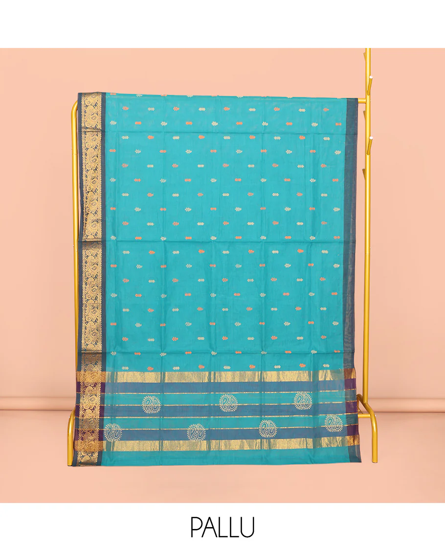 Blue Venkatagiri Cotton Saree, Adorned with Buttas, a Contrast Peacock Zari Border, Pallu of Buttas and Stripes, and No Blouse - Image 4