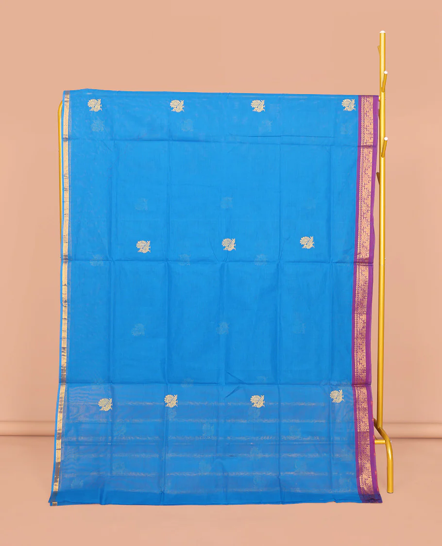 Blue Venkatagiri Cotton Saree, Adorned with Peacock Buttas, a Contrast Traditional Zari Border, Pallu of Stripes and Buttas, and No Blouse