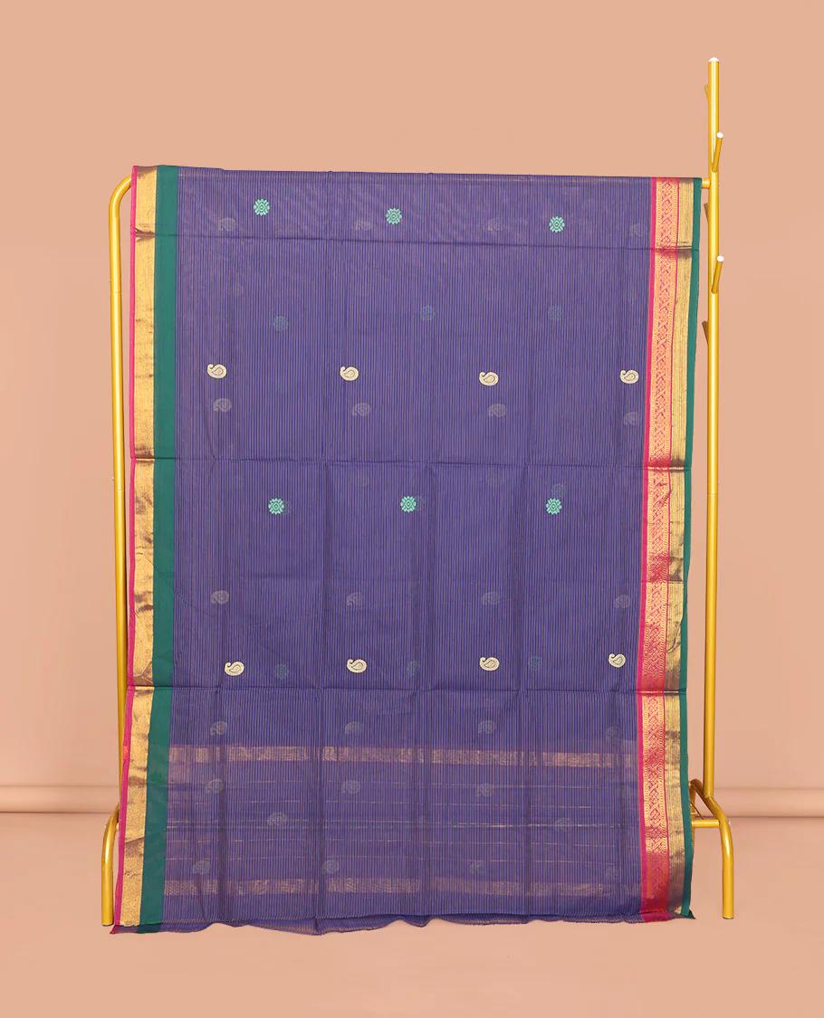 Blue Venkatagiri Cotton Saree, Beautified with Buttas and Stripes, a Contrast Traditional Zari Border, Pallu of Buttas and Stripes, and No Blouse