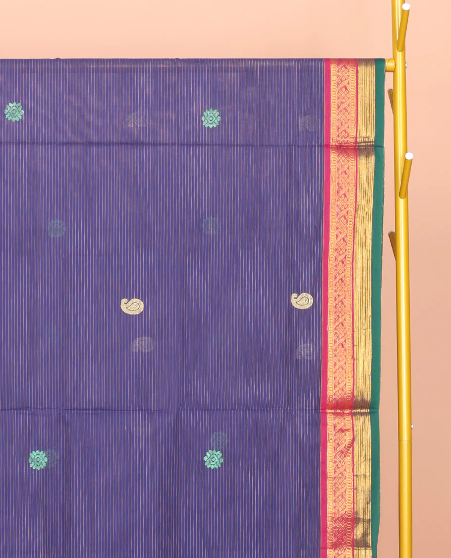 Blue Venkatagiri Cotton Saree, Beautified with Buttas and Stripes, a Contrast Traditional Zari Border, Pallu of Buttas and Stripes, and No Blouse - Image 2