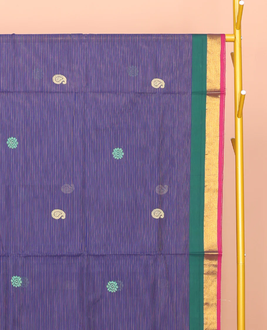 Blue Venkatagiri Cotton Saree, Beautified with Buttas and Stripes, a Contrast Traditional Zari Border, Pallu of Buttas and Stripes, and No Blouse - Image 3