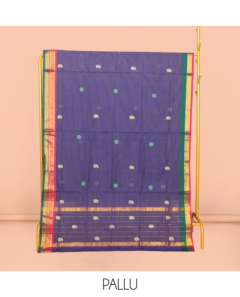 Blue Venkatagiri Cotton Saree, Beautified with Buttas and Stripes, a Contrast Traditional Zari Border, Pallu of Buttas and Stripes, and No Blouse - Image 4