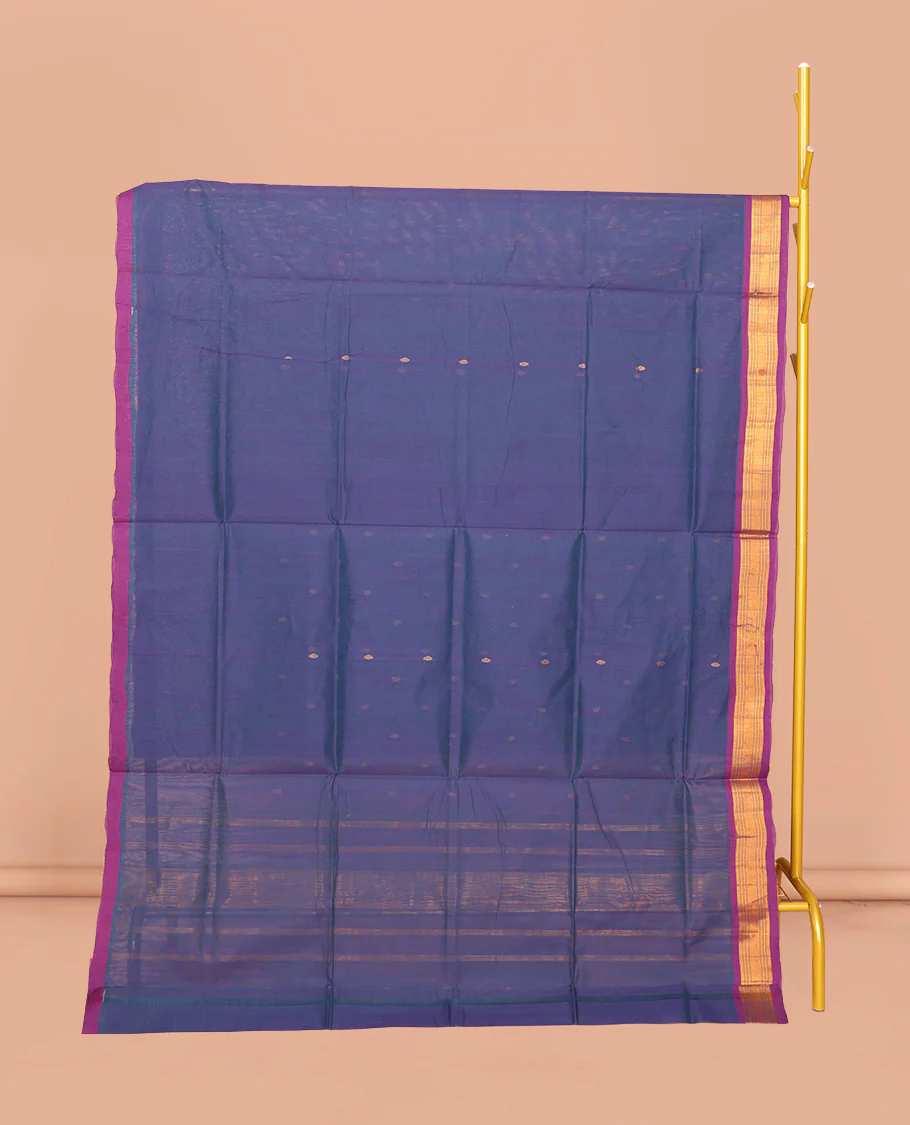 Blue Venkatagiri Cotton Saree Bedecked with Buttas, a Contrast Zari-Thread Border, Pallu of Stripes, and No Blouse