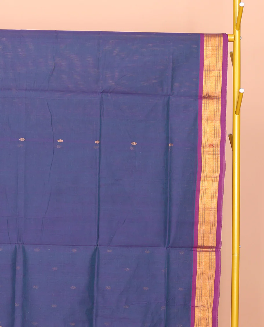 Blue Venkatagiri Cotton Saree Bedecked with Buttas, a Contrast Zari-Thread Border, Pallu of Stripes, and No Blouse - Image 3