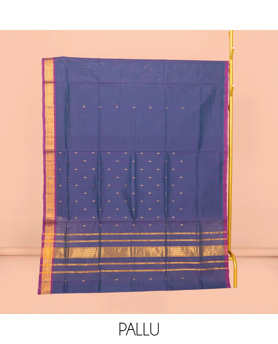 Blue Venkatagiri Cotton Saree Bedecked with Buttas, a Contrast Zari-Thread Border, Pallu of Stripes, and No Blouse - Image 4