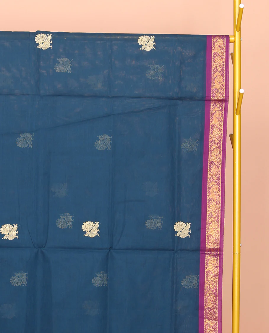 Blue Venkatagiri Cotton Saree, Bedecked with Peacock Buttas and Checks, a Contrast Traditional Zari Border, Pallu of Stripes, and No Blouse - Image 2
