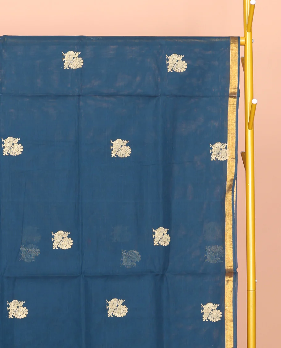Blue Venkatagiri Cotton Saree, Bedecked with Peacock Buttas and Checks, a Contrast Traditional Zari Border, Pallu of Stripes, and No Blouse - Image 3