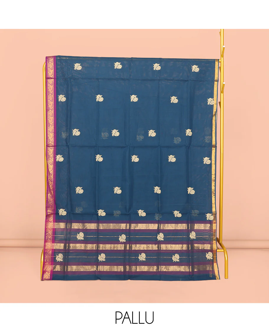 Blue Venkatagiri Cotton Saree, Bedecked with Peacock Buttas and Checks, a Contrast Traditional Zari Border, Pallu of Stripes, and No Blouse - Image 4