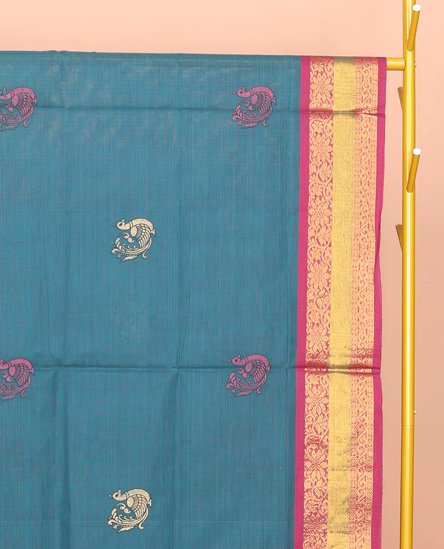 Blue Venkatagiri Cotton Saree, Detailed with Peacock Buttas and Checks, a Contrast Traditional Zari Border, Pallu of Peacock Buttas and Stripes, and No Blouse - Image 2