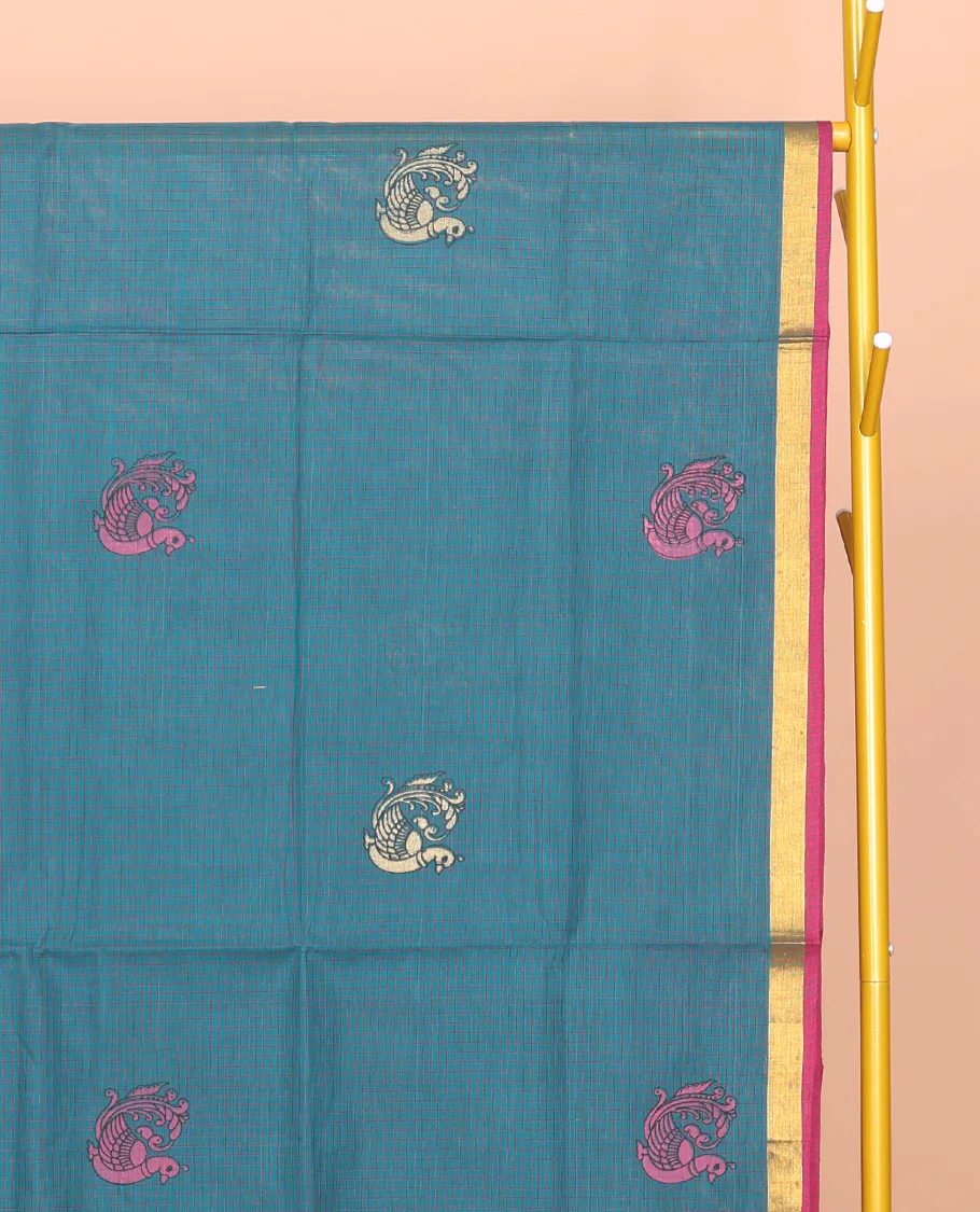 Blue Venkatagiri Cotton Saree, Detailed with Peacock Buttas and Checks, a Contrast Traditional Zari Border, Pallu of Peacock Buttas and Stripes, and No Blouse - Image 3