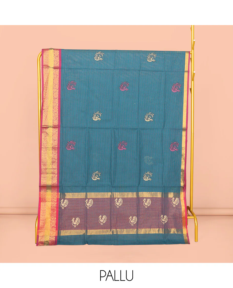 Blue Venkatagiri Cotton Saree, Detailed with Peacock Buttas and Checks, a Contrast Traditional Zari Border, Pallu of Peacock Buttas and Stripes, and No Blouse - Image 4