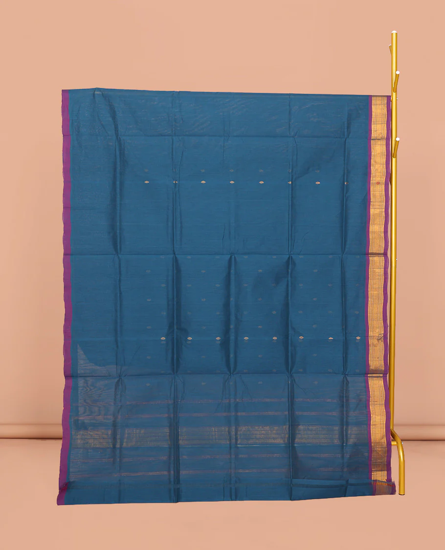 Blue Venkatagiri Cotton Saree, Elevated with Buttas, a Contrast Zari-Thread Border, Pallu of Stripes, and No Blouse