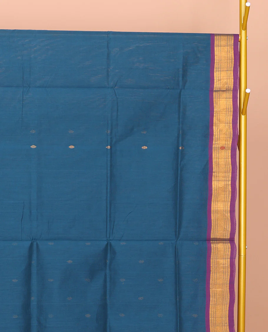 Blue Venkatagiri Cotton Saree, Elevated with Buttas, a Contrast Zari-Thread Border, Pallu of Stripes, and No Blouse - Image 3