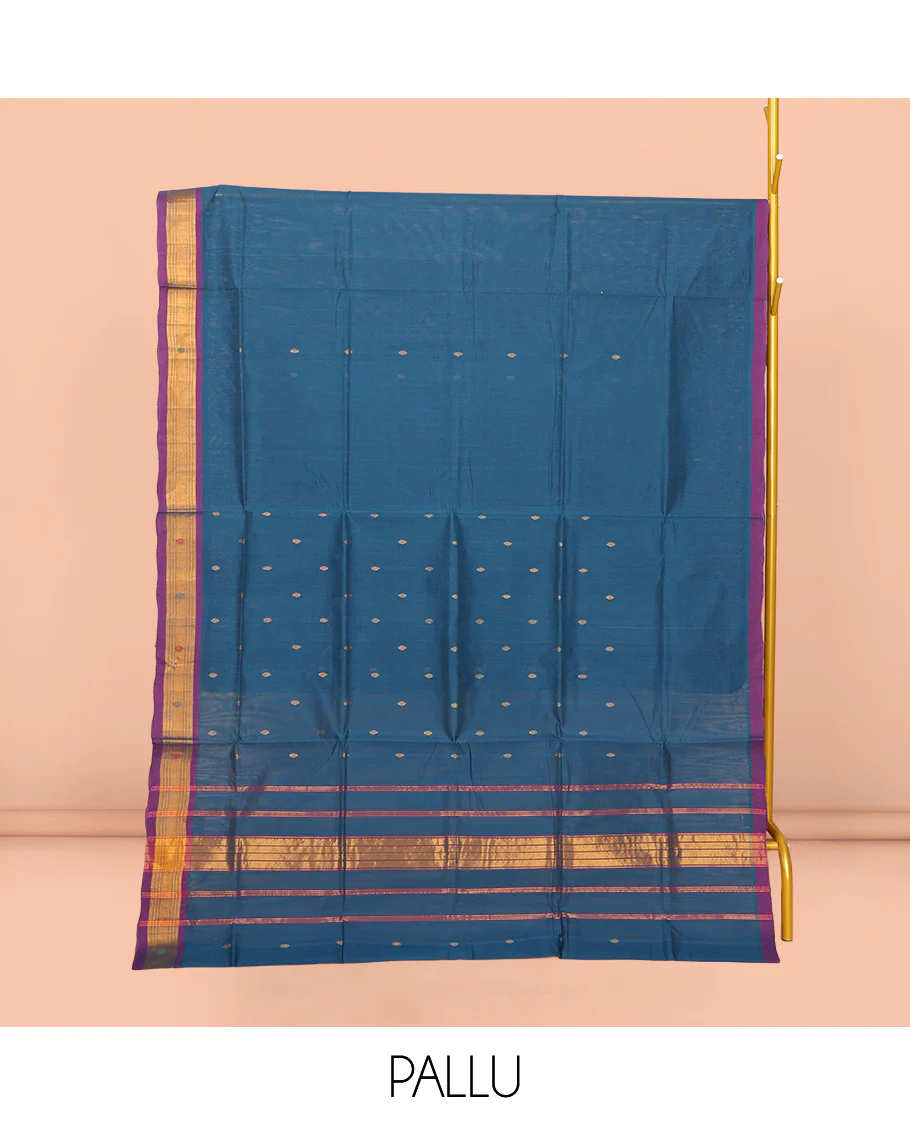 Blue Venkatagiri Cotton Saree, Elevated with Buttas, a Contrast Zari-Thread Border, Pallu of Stripes, and No Blouse - Image 4