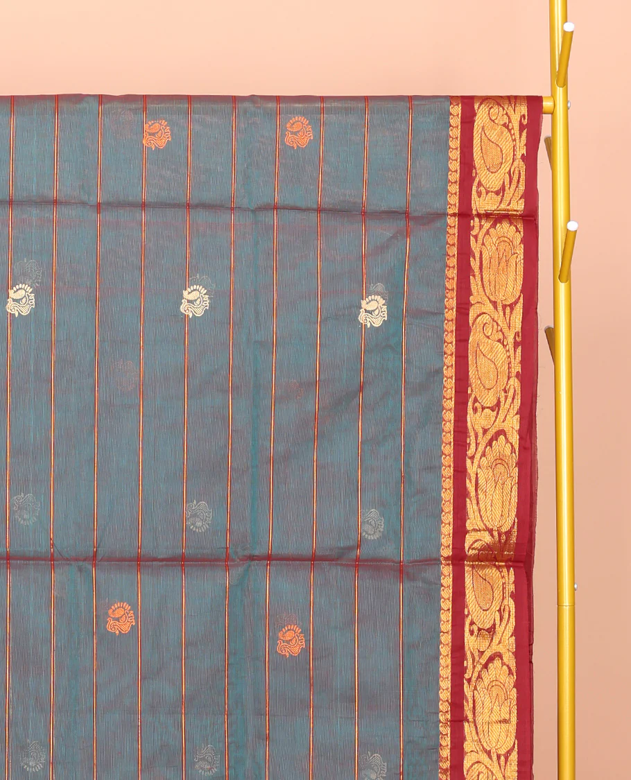 Blue Venkatagiri Cotton Saree, Embellished with Peacock Buttas and Stripes, a Contrast Peacock Zari Border, Pallu of Buttas and Stripes, and No Blouse - Image 2