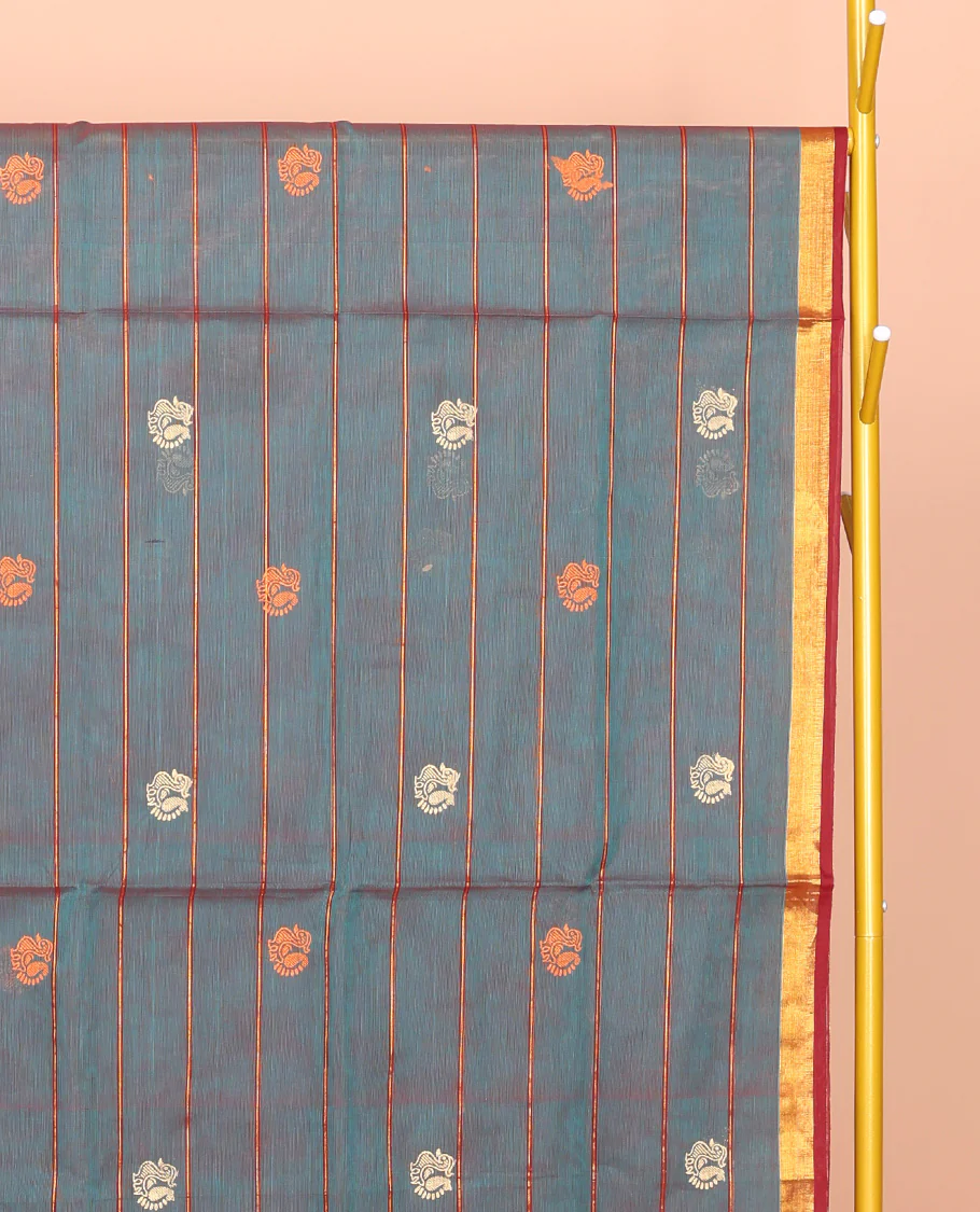 Blue Venkatagiri Cotton Saree, Embellished with Peacock Buttas and Stripes, a Contrast Peacock Zari Border, Pallu of Buttas and Stripes, and No Blouse - Image 3