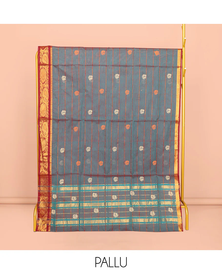 Blue Venkatagiri Cotton Saree, Embellished with Peacock Buttas and Stripes, a Contrast Peacock Zari Border, Pallu of Buttas and Stripes, and No Blouse - Image 4