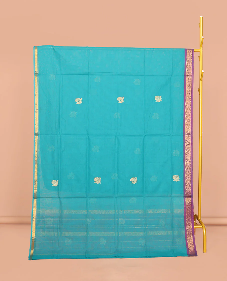 Blue Venkatagiri Cotton Saree, Enriched with Peacock Buttas, a Contrast Zari Border, Pallu of Buttas and Stripes, and No Blouse