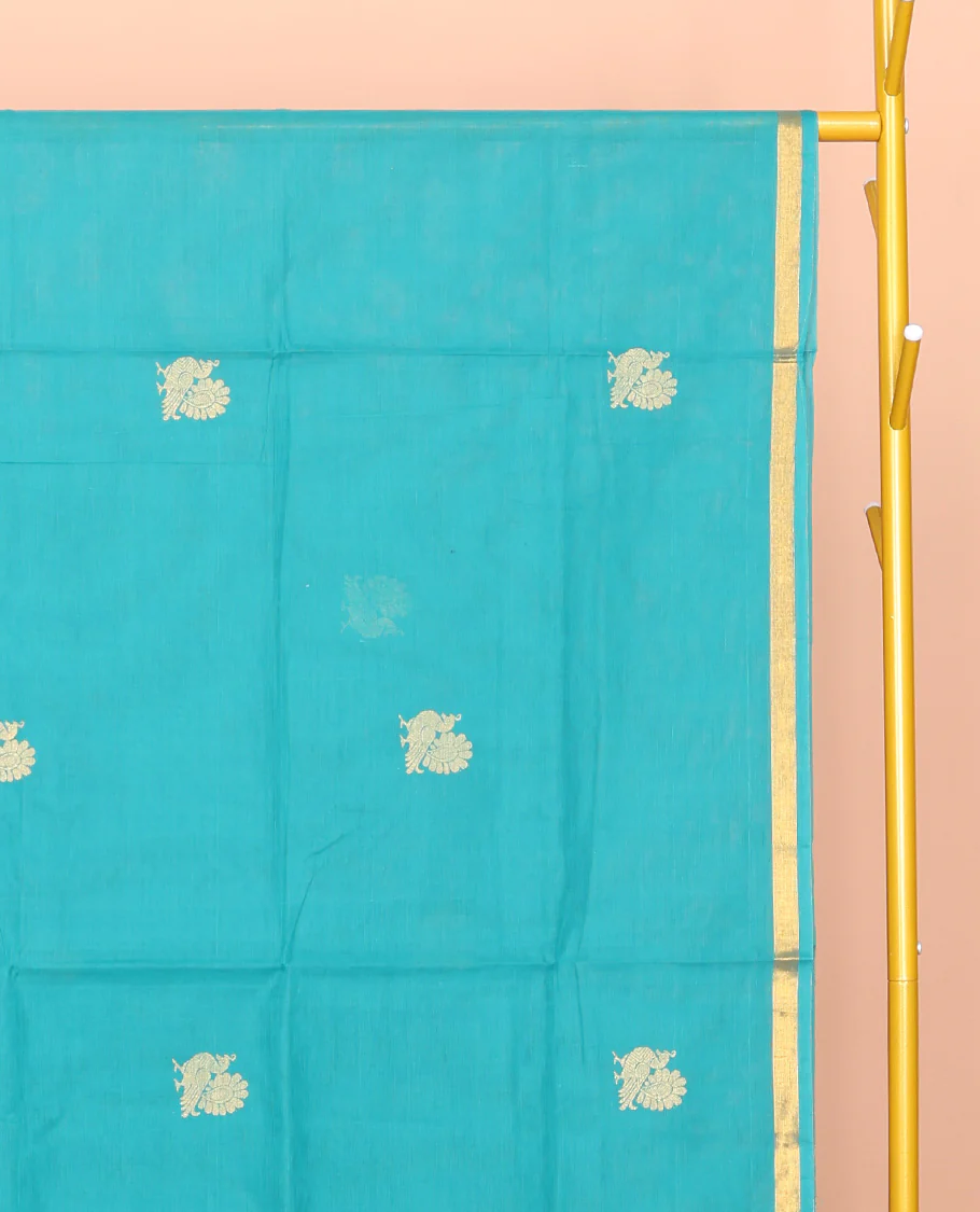 Blue Venkatagiri Cotton Saree, Enriched with Peacock Buttas, a Contrast Zari Border, Pallu of Buttas and Stripes, and No Blouse - Image 3