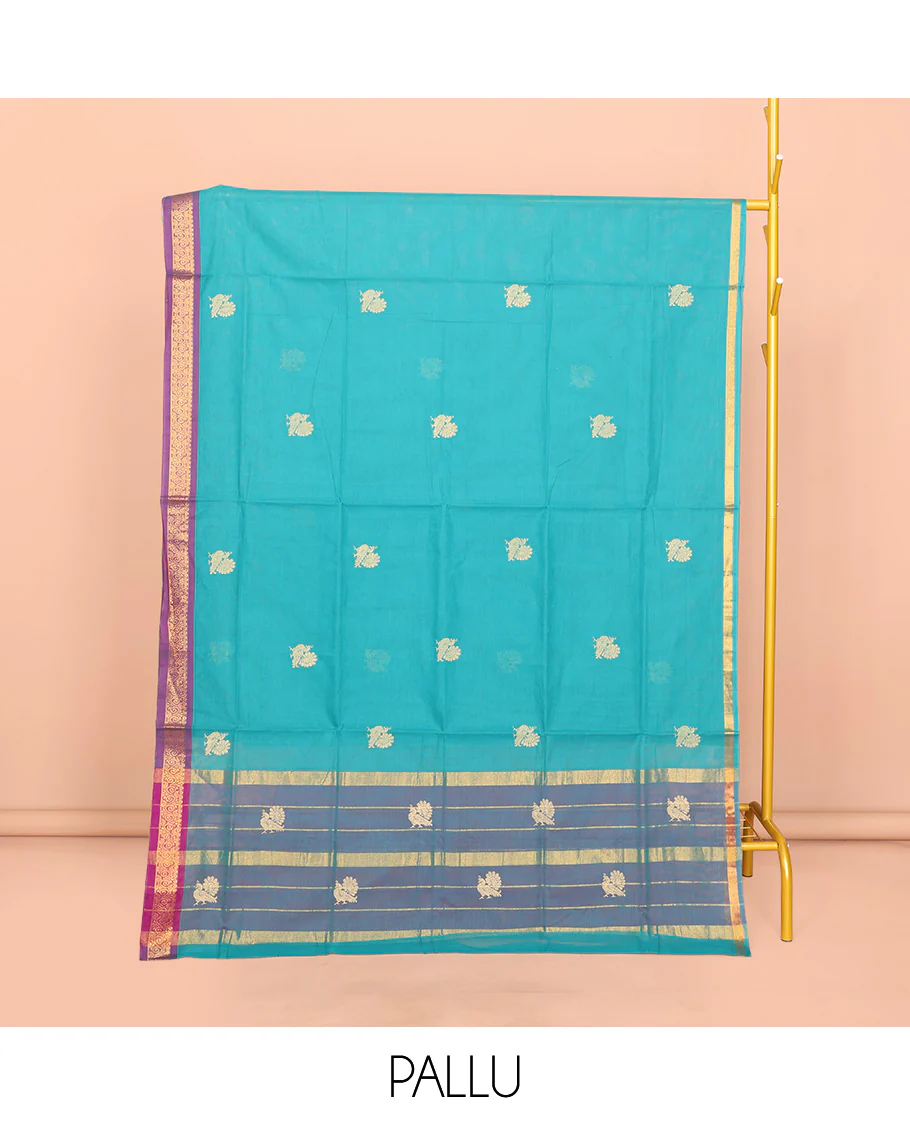 Blue Venkatagiri Cotton Saree, Enriched with Peacock Buttas, a Contrast Zari Border, Pallu of Buttas and Stripes, and No Blouse - Image 4
