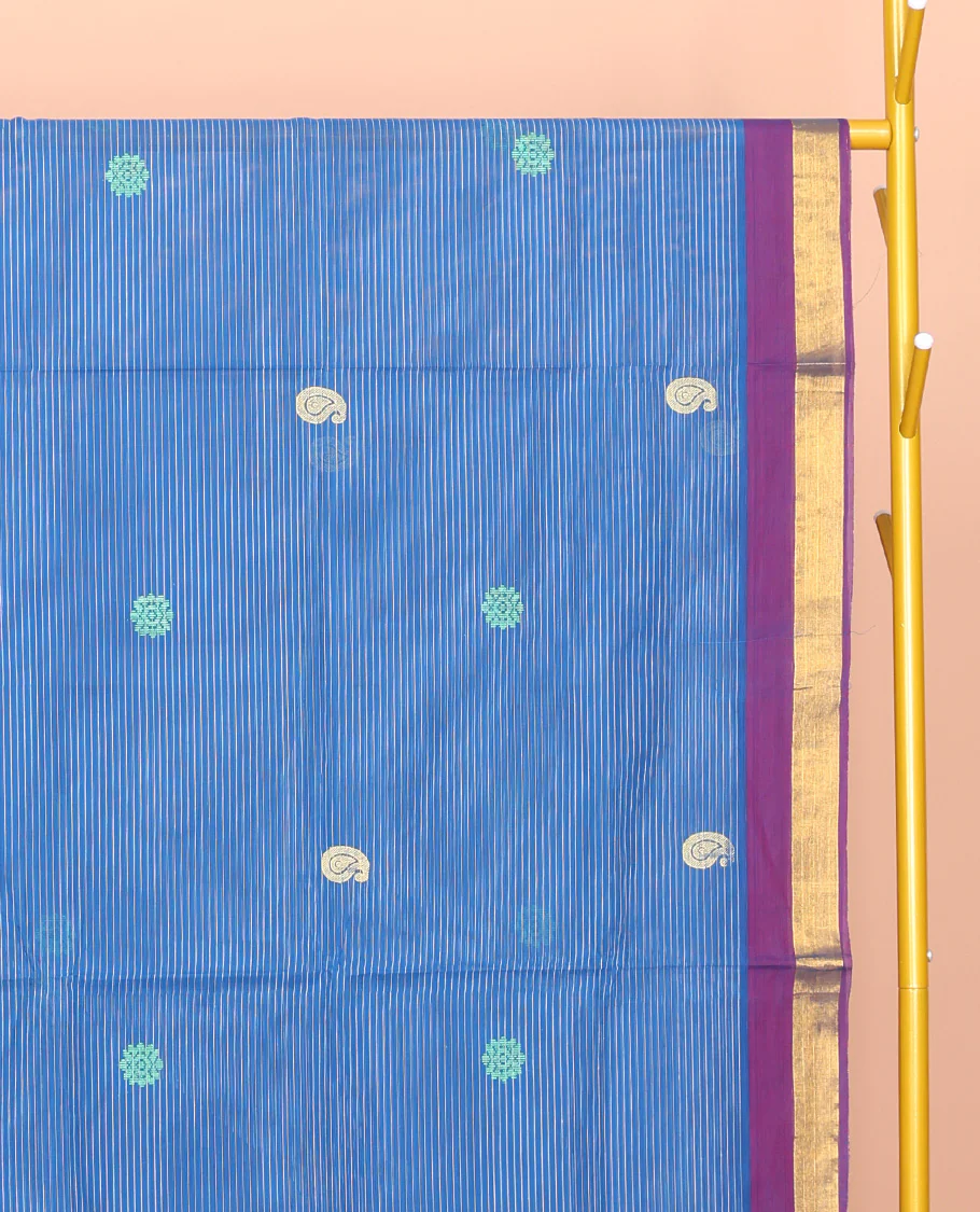 Blue Venkatagiri Cotton Saree Features Buttas and Stripes, a Contrast Traditional Zari Border, Pallu of Buttas and Stripes, and No Blouse - Image 3